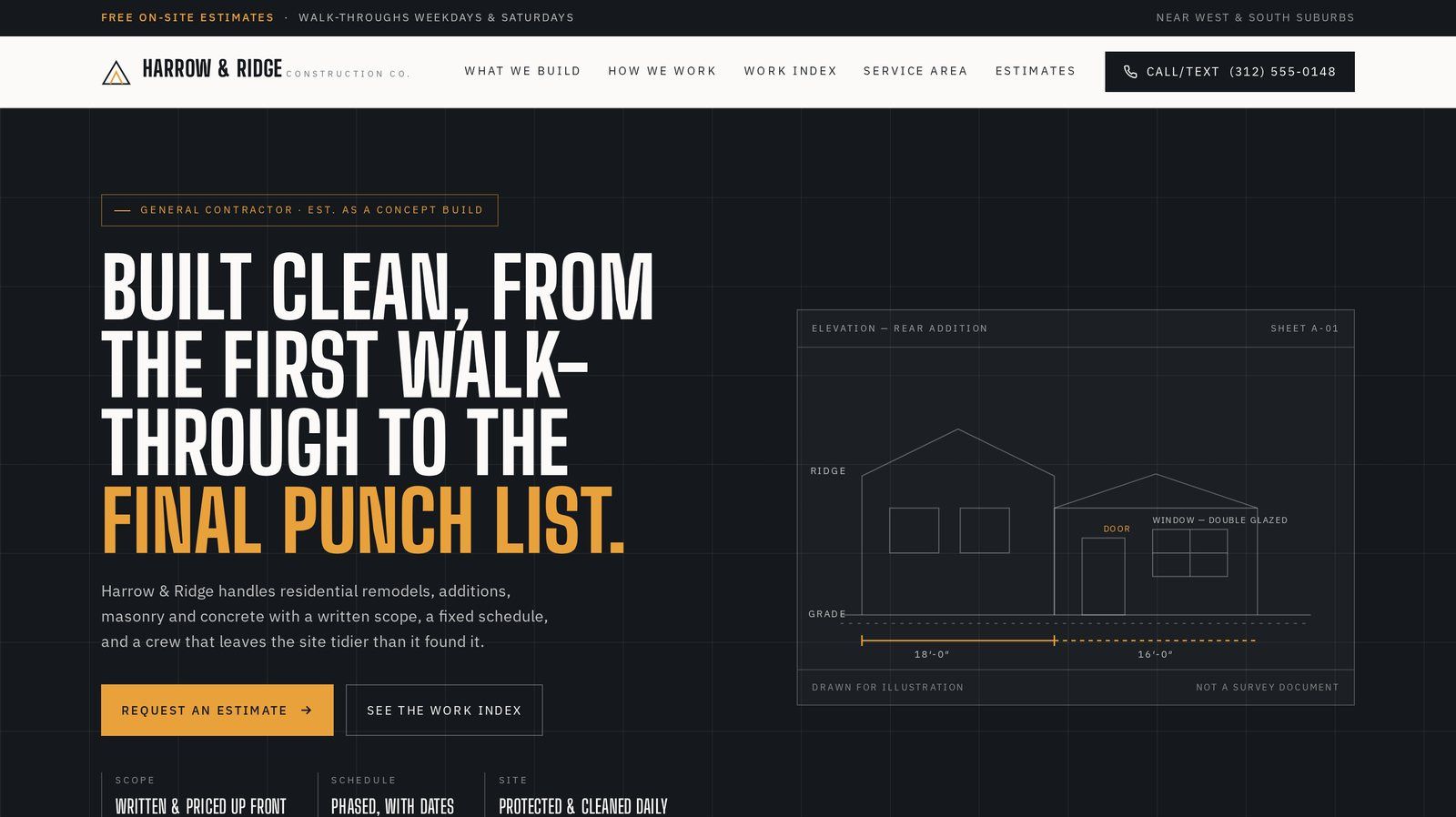 Harrow & Ridge Construction Co. homepage: a charcoal hero with amber accents, a headline about built-clean remodels, and a line-drawn elevation panel of a rear addition.
